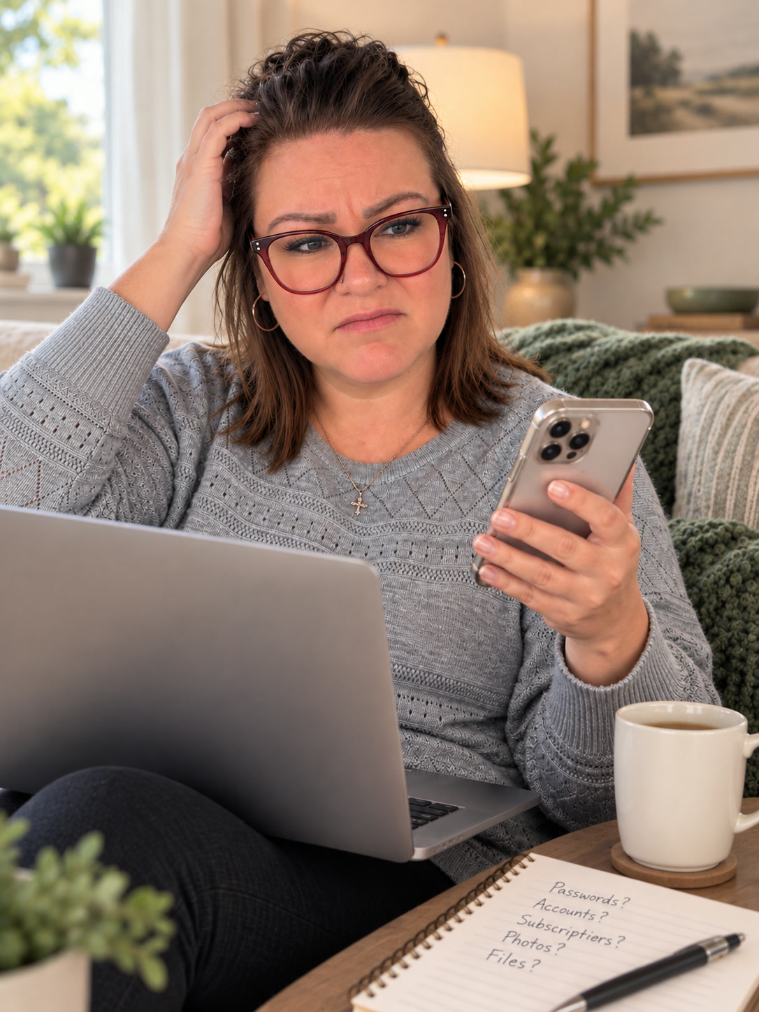 A woman at home with her laptop and phone, notebook listing passwords, accounts, photos and files